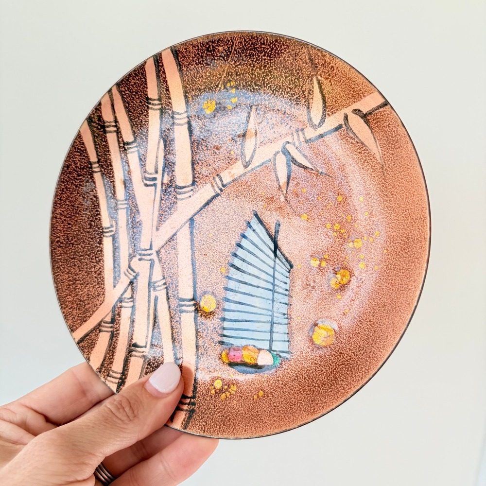 Vintage 1958 California Cloisonne Enamel on Copper Plate Bamboo Junk Boat MCM